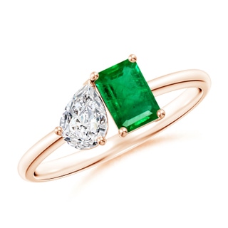 6x4mm AAA Classic Two-Stone Emerald-Cut Emerald & Pear Diamond Ring in Rose Gold