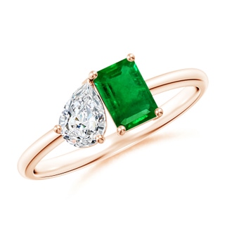 6x4mm AAAA Classic Two-Stone Emerald-Cut Emerald & Pear Diamond Ring in 9K Rose Gold