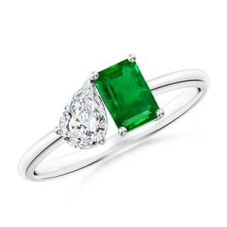 6x4mm AAAA Classic Two-Stone Emerald-Cut Emerald & Pear Diamond Ring in P950 Platinum