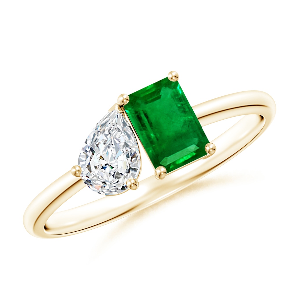 6x4mm AAAA Classic Two-Stone Emerald-Cut Emerald & Pear Diamond Ring in Yellow Gold