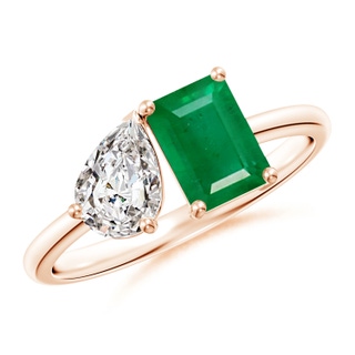 7x5mm AA Classic Two-Stone Emerald-Cut Emerald & Pear Diamond Ring in Rose Gold