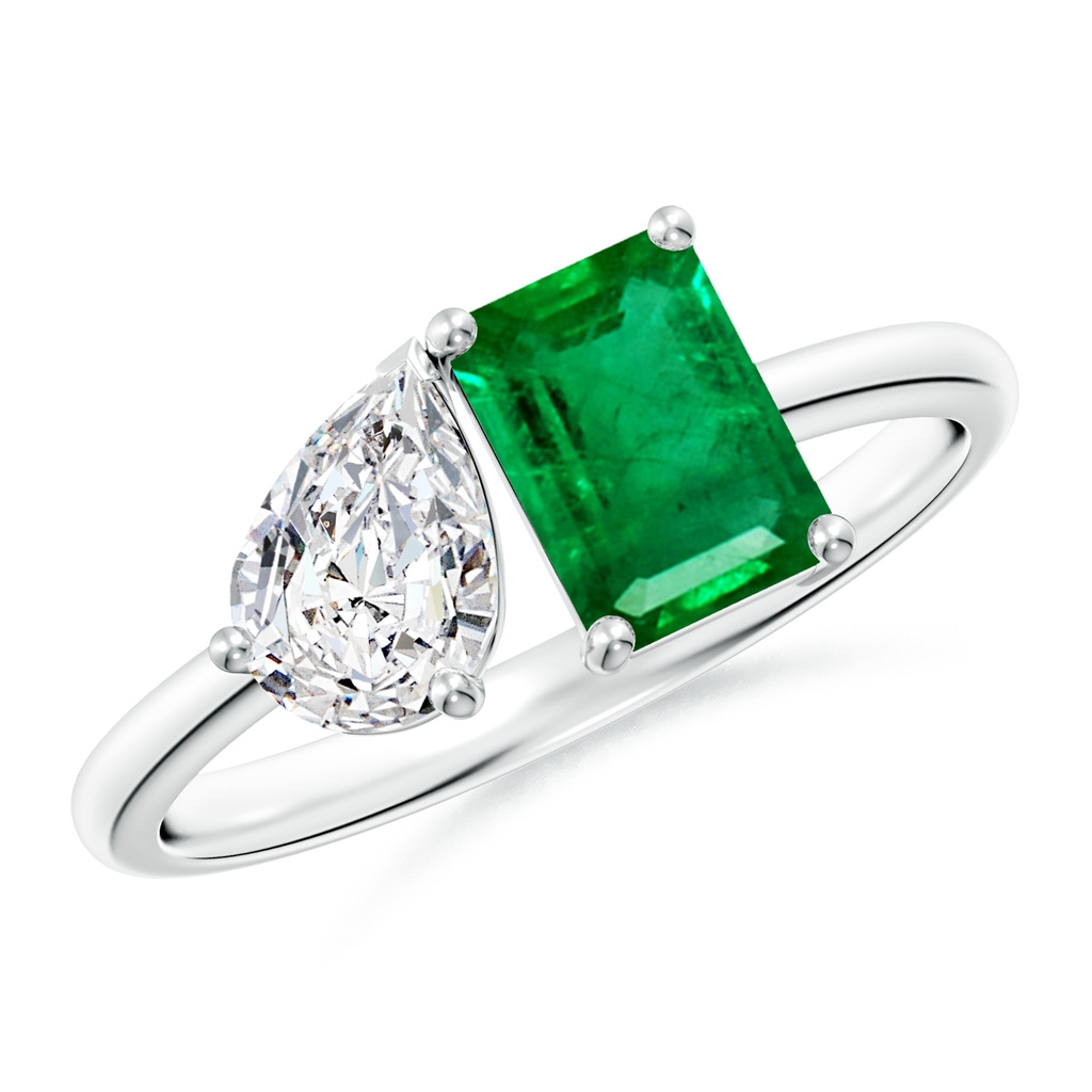 7x5mm AAA Classic Two-Stone Emerald-Cut Emerald & Pear Diamond Ring in White Gold 