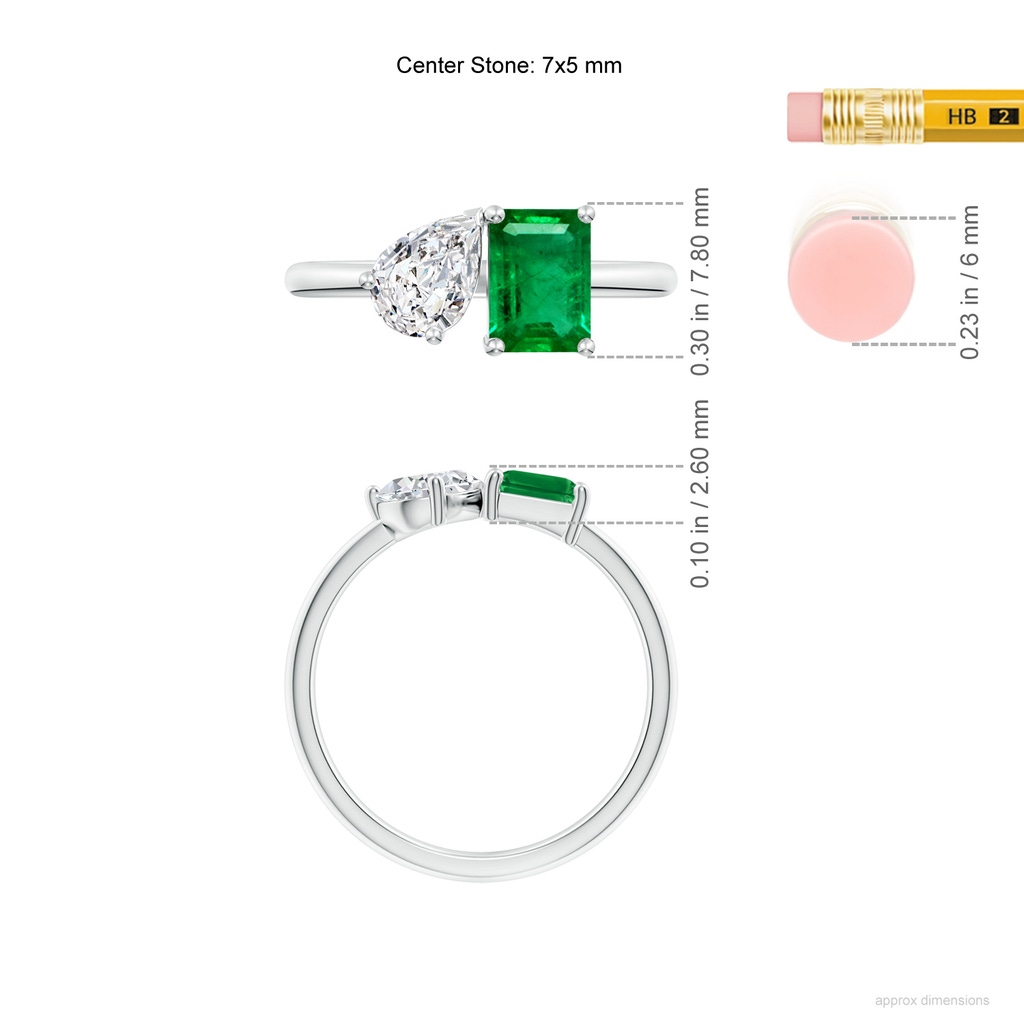 7x5mm AAA Classic Two-Stone Emerald-Cut Emerald & Pear Diamond Ring in White Gold ruler