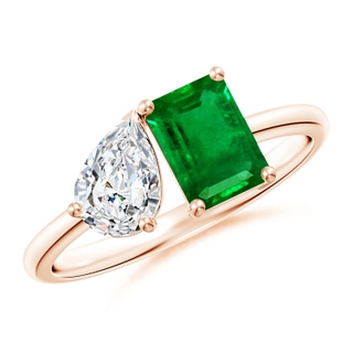 7x5mm AAAA Classic Two-Stone Emerald-Cut Emerald & Pear Diamond Ring in 9K Rose Gold