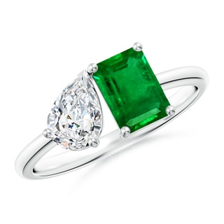 7x5mm AAAA Classic Two-Stone Emerald-Cut Emerald & Pear Diamond Ring in P950 Platinum