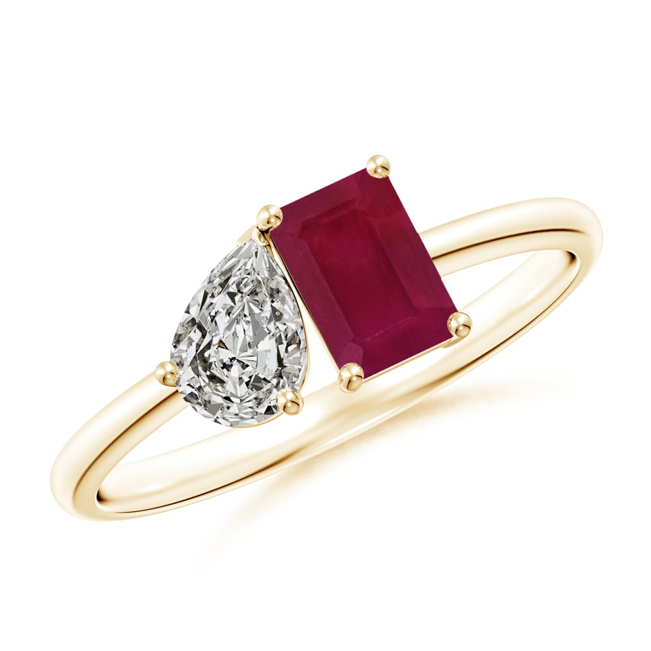 6x4mm A Classic Two-Stone Emerald-Cut Ruby & Pear Diamond Ring in 9K Yellow Gold 