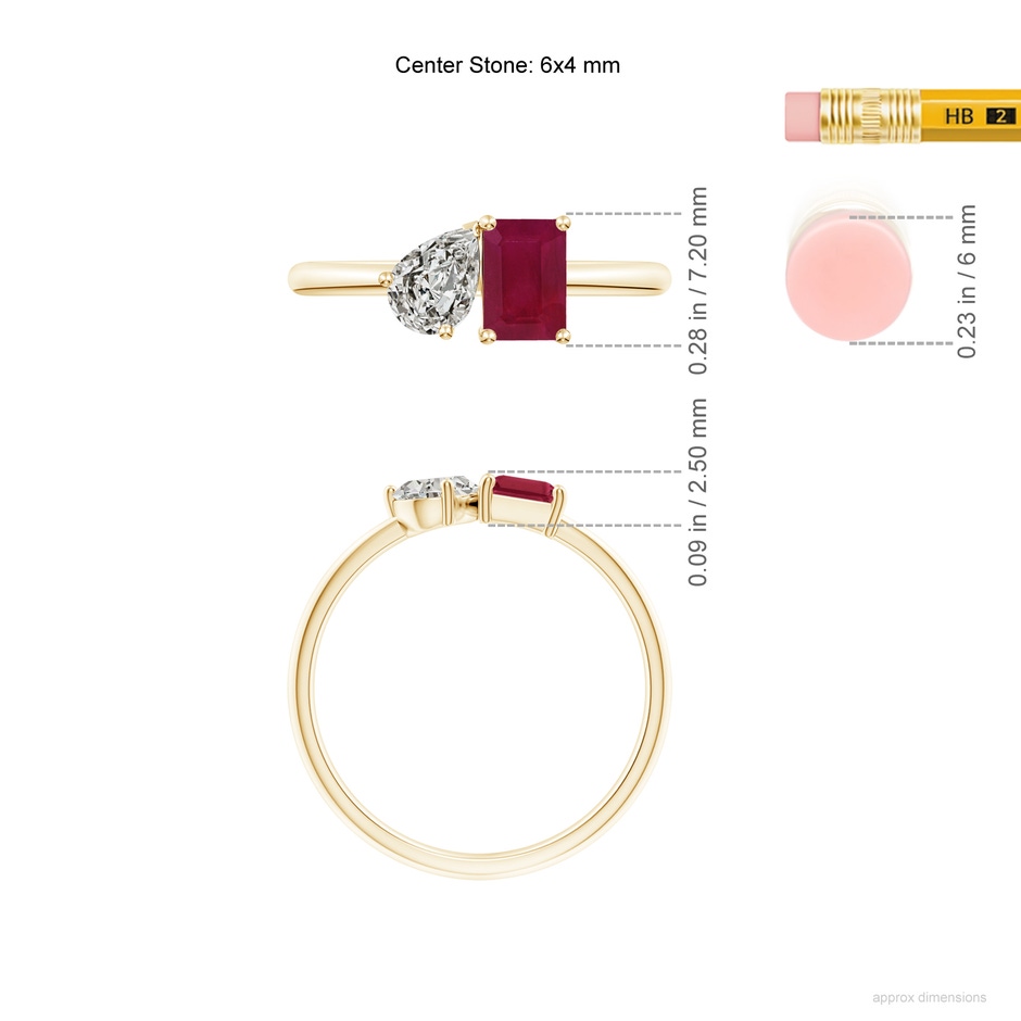 6x4mm A Classic Two-Stone Emerald-Cut Ruby & Pear Diamond Ring in 9K Yellow Gold ruler