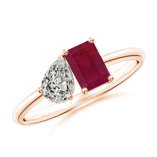 6x4mm A Classic Two-Stone Emerald-Cut Ruby & Pear Diamond Ring in Rose Gold