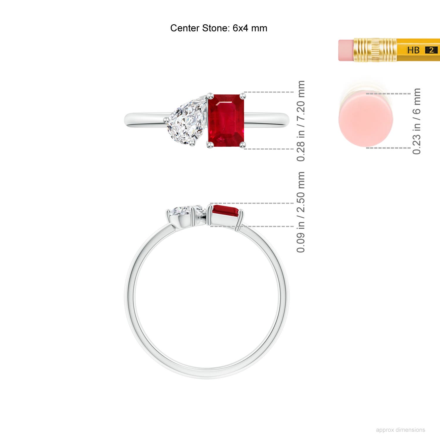 6x4mm AAA Classic Two-Stone Emerald-Cut Ruby & Pear Diamond Ring in White Gold - ruler