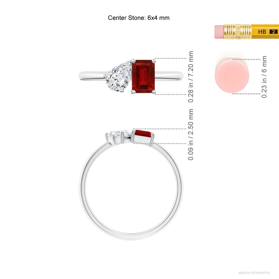 6x4mm Lab-Grown Classic Two-Stone Emerald-Cut Ruby & Pear Diamond Ring in P950 Platinum ruler