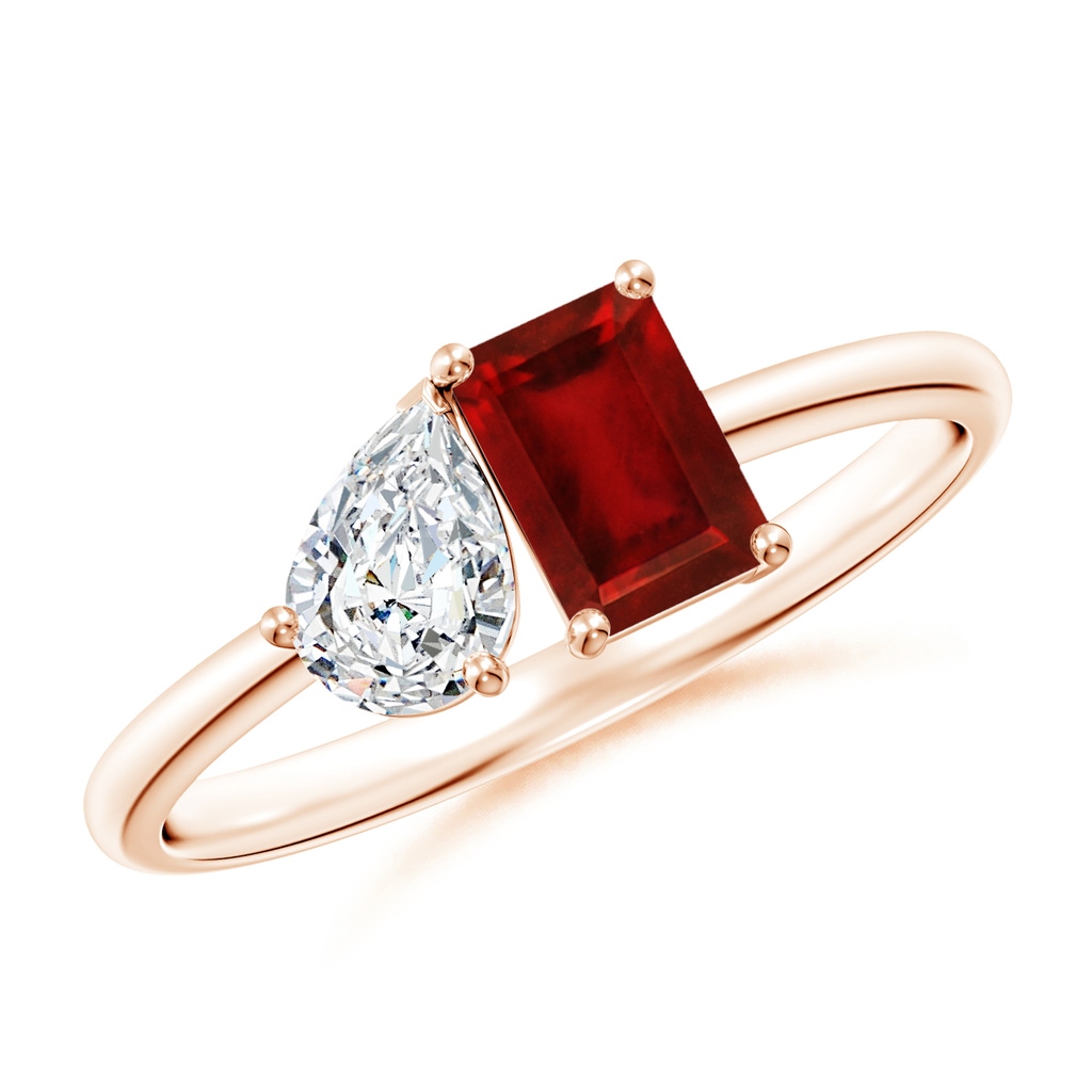 6x4mm AAAA Classic Two-Stone Emerald-Cut Ruby & Pear Diamond Ring in Rose Gold