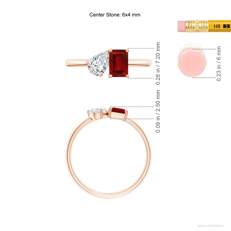 6x4mm Lab-Grown Classic Two-Stone Emerald-Cut Ruby & Pear Diamond Ring in Rose Gold ruler