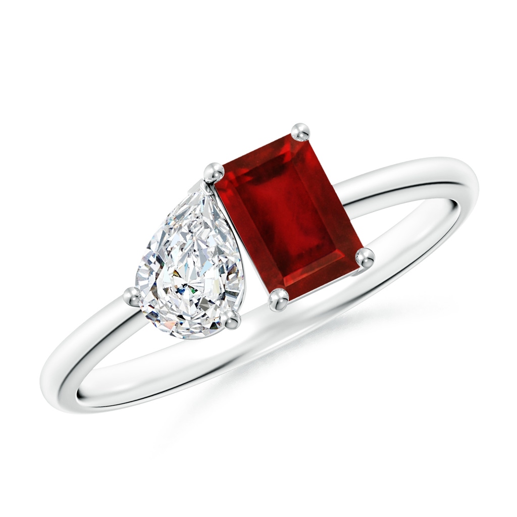 6x4mm AAAA Classic Two-Stone Emerald-Cut Ruby & Pear Diamond Ring in White Gold
