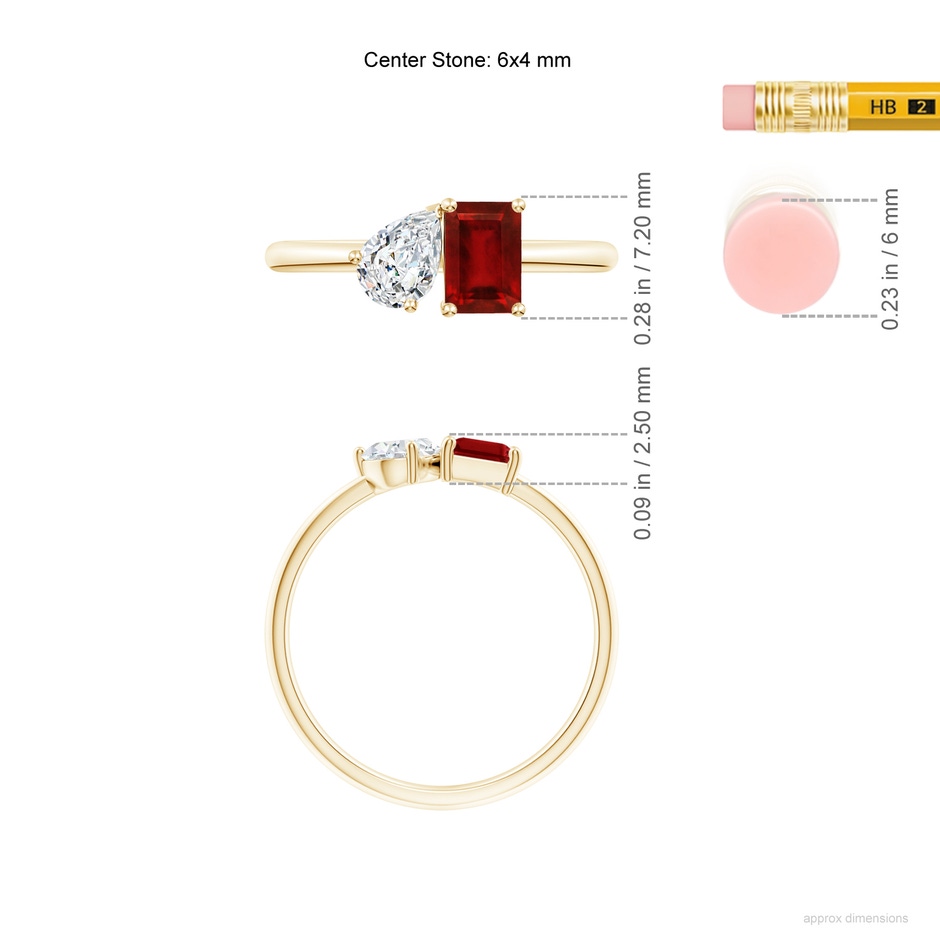 6x4mm Lab-Grown Classic Two-Stone Emerald-Cut Ruby & Pear Diamond Ring in Yellow Gold ruler