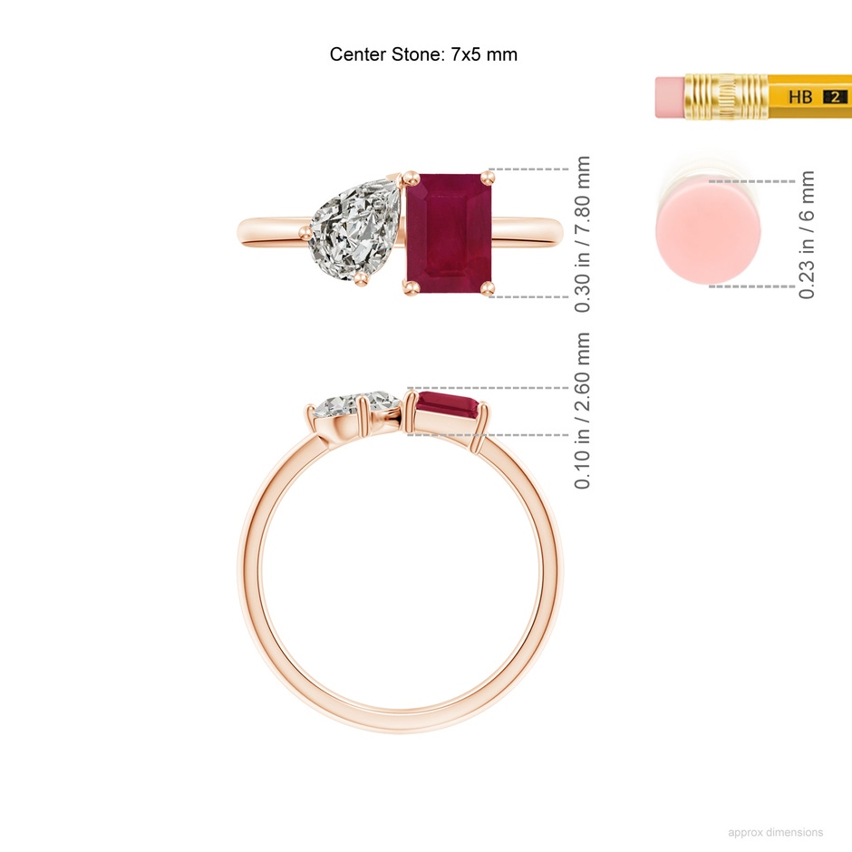 7x5mm A Classic Two-Stone Emerald-Cut Ruby & Pear Diamond Ring in Rose Gold ruler