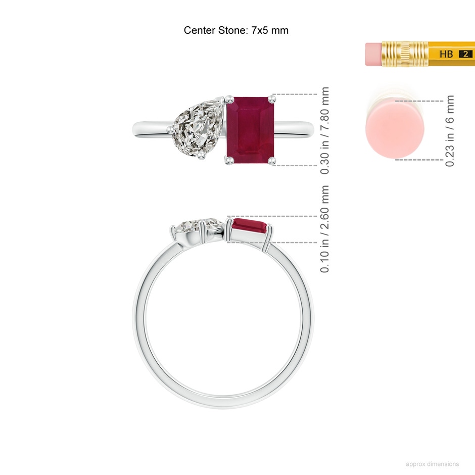 7x5mm A Classic Two-Stone Emerald-Cut Ruby & Pear Diamond Ring in White Gold ruler