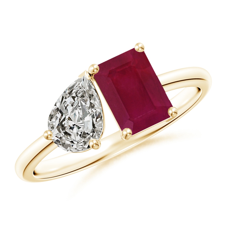 7x5mm A Classic Two-Stone Emerald-Cut Ruby & Pear Diamond Ring in Yellow Gold 