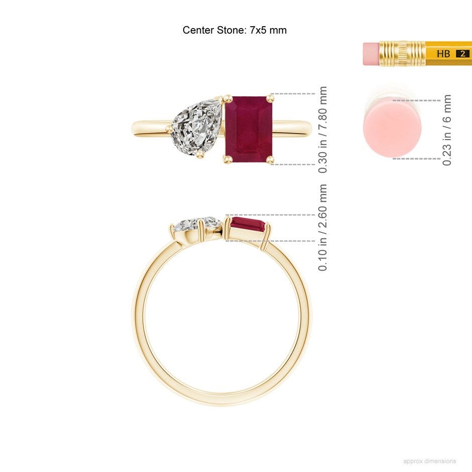 7x5mm A Classic Two-Stone Emerald-Cut Ruby & Pear Diamond Ring in Yellow Gold ruler