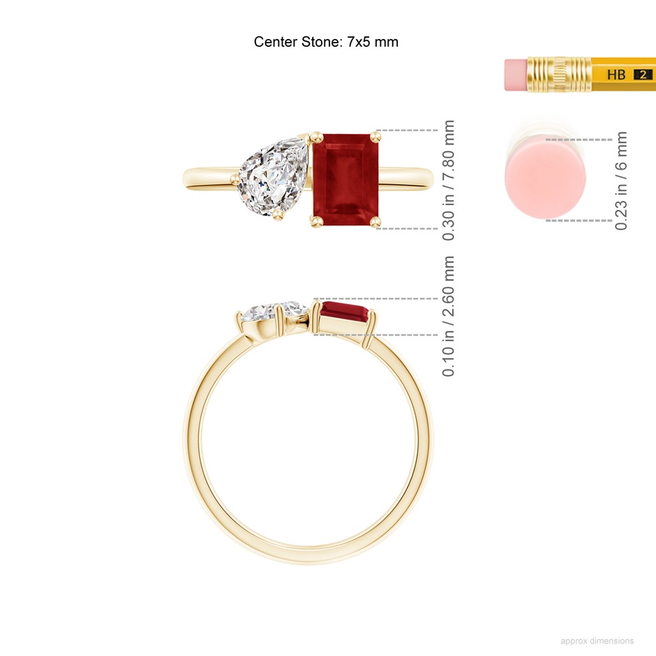 7x5mm AA Classic Two-Stone Emerald-Cut Ruby & Pear Diamond Ring in Yellow Gold ruler