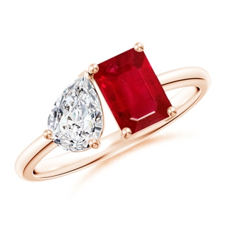 7x5mm AAA Classic Two-Stone Emerald-Cut Ruby & Pear Diamond Ring in 9K Rose Gold