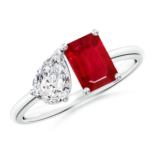 7x5mm AAA Classic Two-Stone Emerald-Cut Ruby & Pear Diamond Ring in P950 Platinum