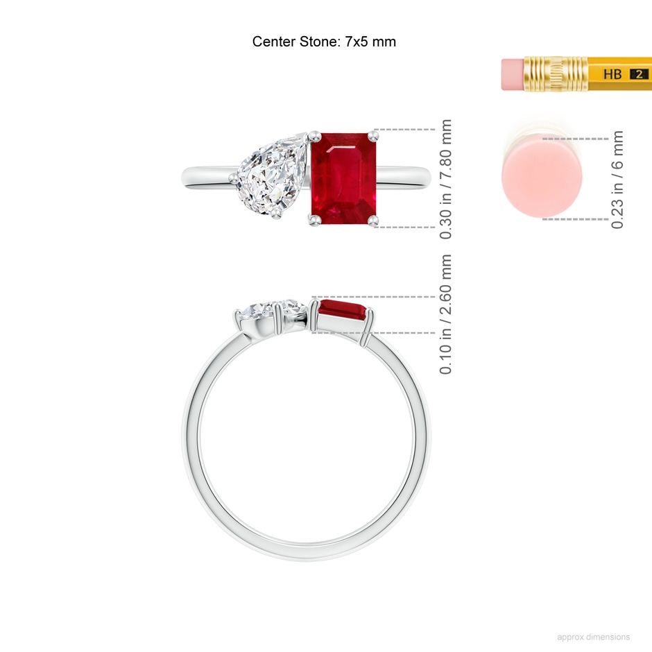 7x5mm AAA Classic Two-Stone Emerald-Cut Ruby & Pear Diamond Ring in P950 Platinum ruler