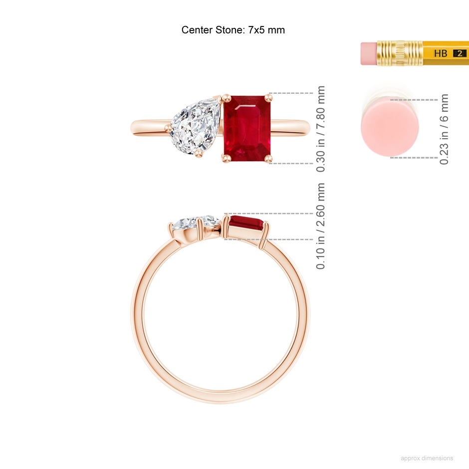 7x5mm AAA Classic Two-Stone Emerald-Cut Ruby & Pear Diamond Ring in Rose Gold ruler