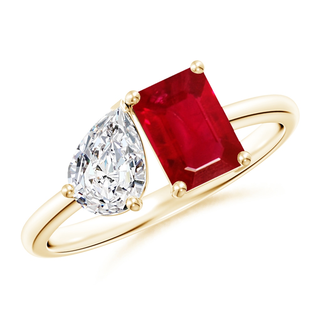 7x5mm AAA Classic Two-Stone Emerald-Cut Ruby & Pear Diamond Ring in Yellow Gold