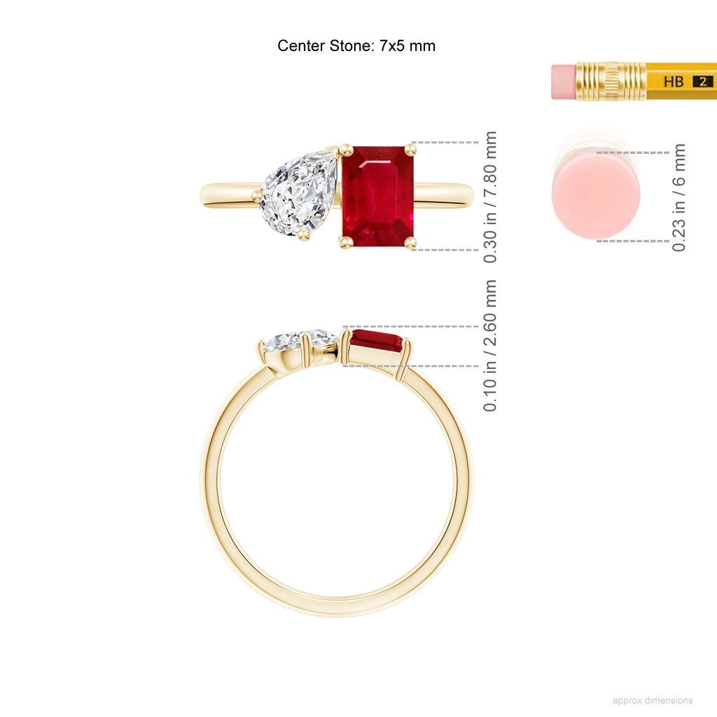 7x5mm AAA Classic Two-Stone Emerald-Cut Ruby & Pear Diamond Ring in Yellow Gold ruler