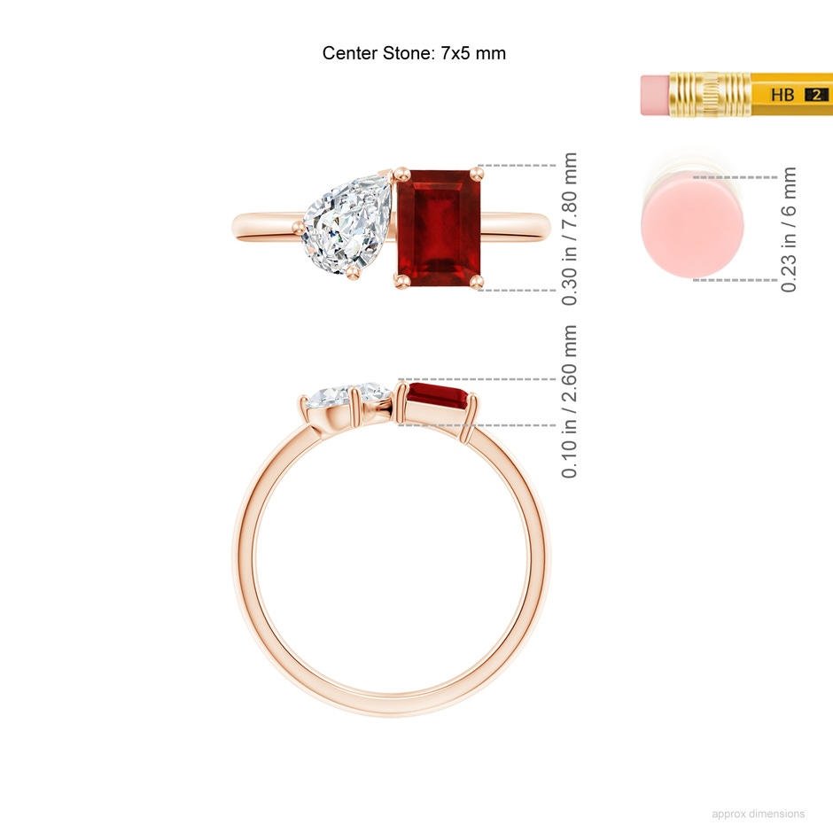 7x5mm AAAA Classic Two-Stone Emerald-Cut Ruby & Pear Diamond Ring in Rose Gold ruler
