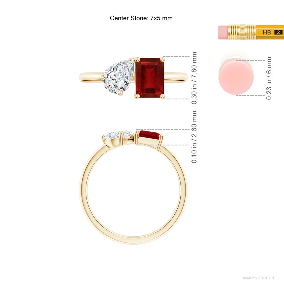 7x5mm Lab-Grown Classic Two-Stone Emerald-Cut Ruby & Pear Diamond Ring in Yellow Gold ruler