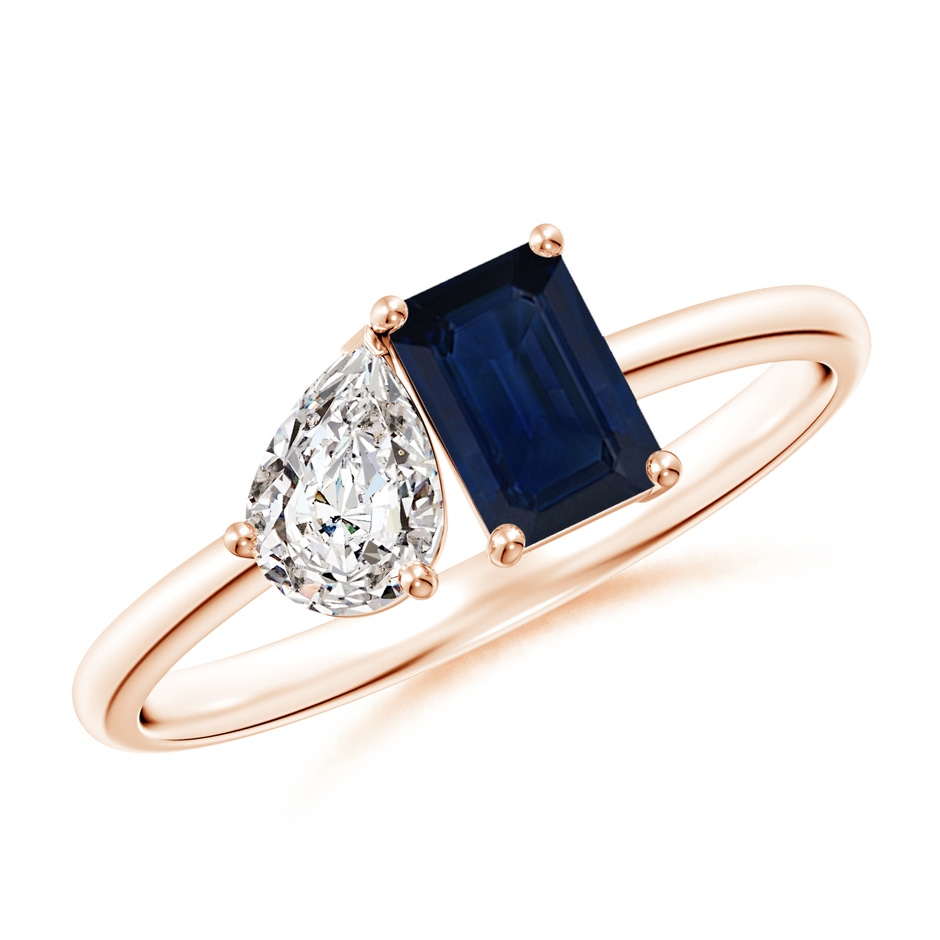 6x4mm AA Classic Two-Stone Emerald-Cut Blue Sapphire & Pear Diamond Ring in 9K Rose Gold 