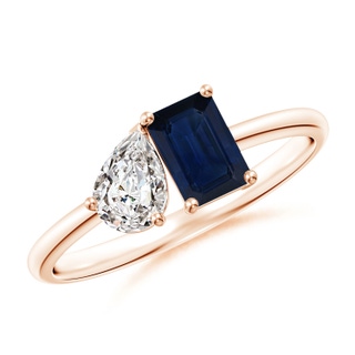 6x4mm AA Classic Two-Stone Emerald-Cut Blue Sapphire & Pear Diamond Ring in Rose Gold