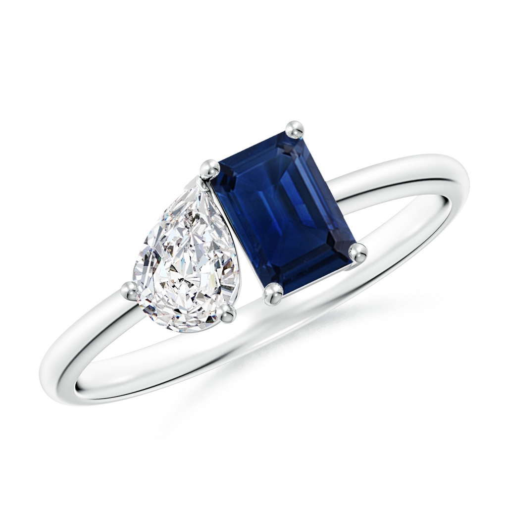 6x4mm AAA Classic Two-Stone Emerald-Cut Blue Sapphire & Pear Diamond Ring in White Gold