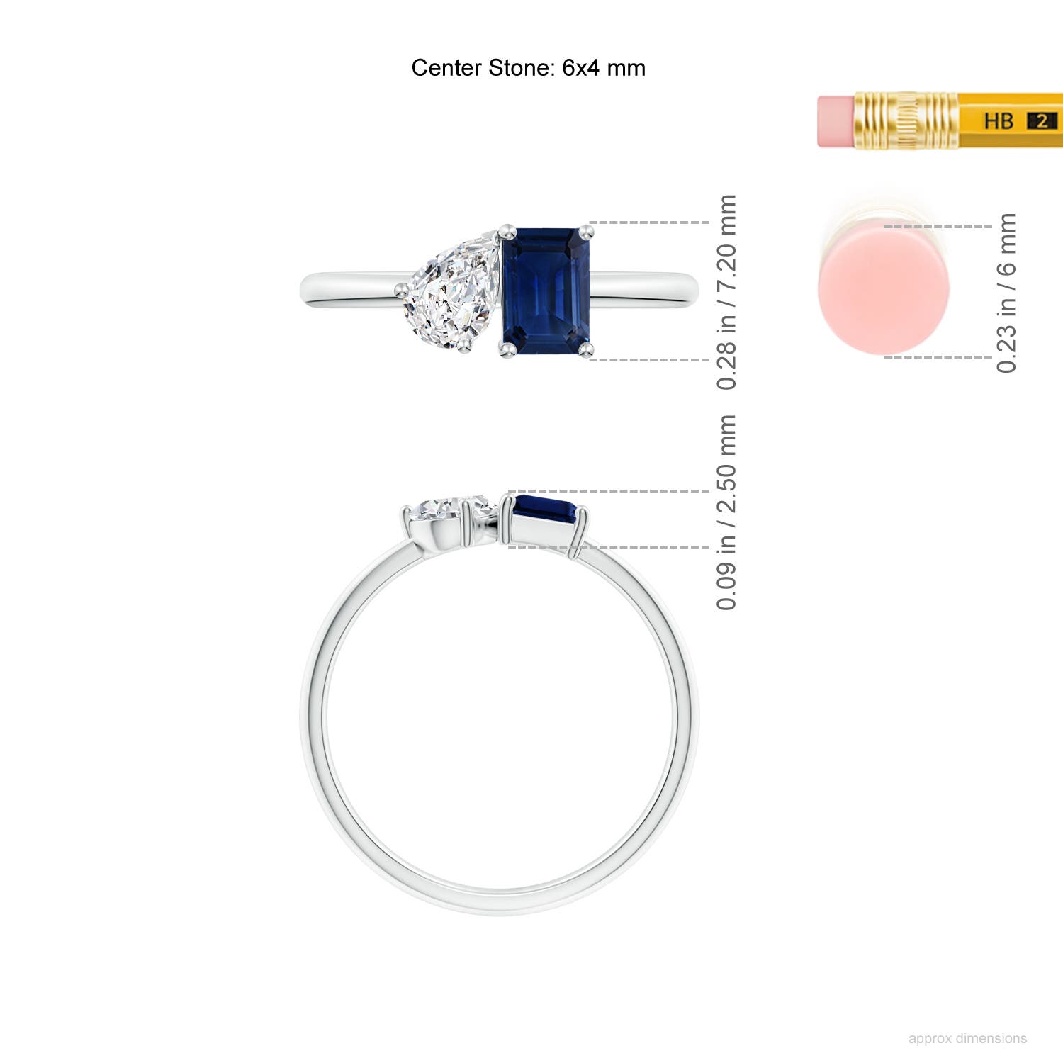 6x4mm AAA Classic Two-Stone Emerald-Cut Blue Sapphire & Pear Diamond Ring in White Gold - ruler