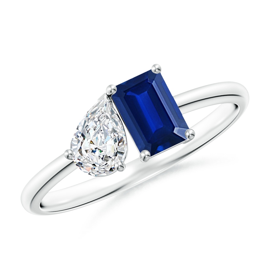 6x4mm AAAA Classic Two-Stone Emerald-Cut Blue Sapphire & Pear Diamond Ring in P950 Platinum 