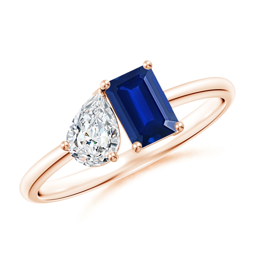 6x4mm AAAA Classic Two-Stone Emerald-Cut Blue Sapphire & Pear Diamond Ring in Rose Gold