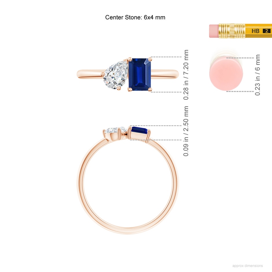 6x4mm AAAA Classic Two-Stone Emerald-Cut Blue Sapphire & Pear Diamond Ring in Rose Gold ruler