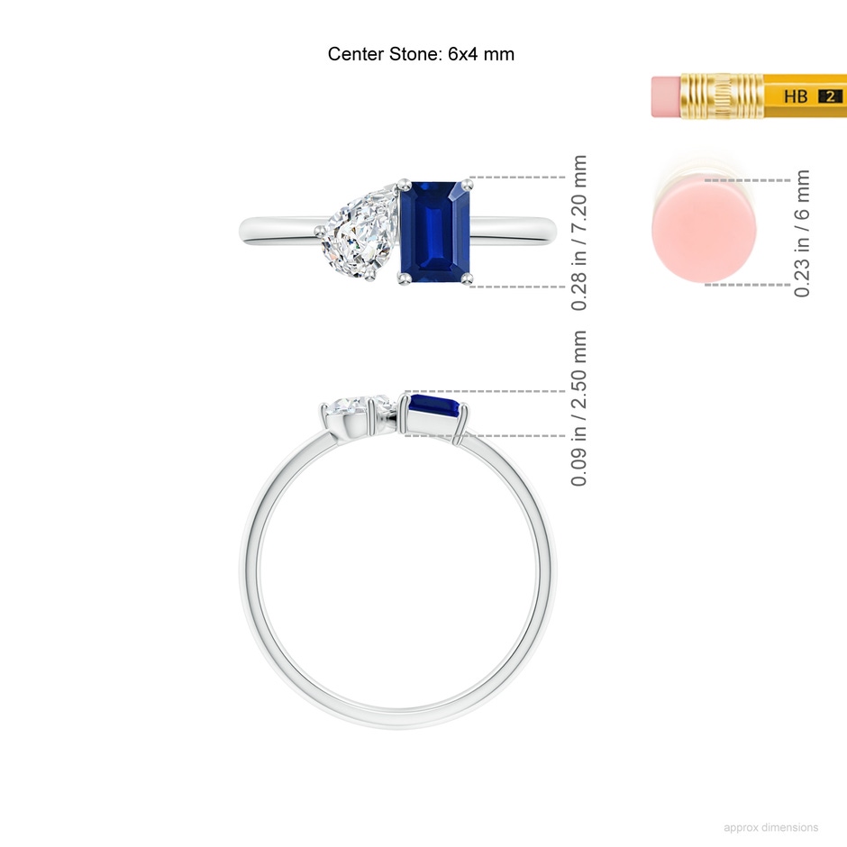 6x4mm Lab-Grown Classic Two-Stone Emerald-Cut Blue Sapphire & Pear Diamond Ring in White Gold ruler