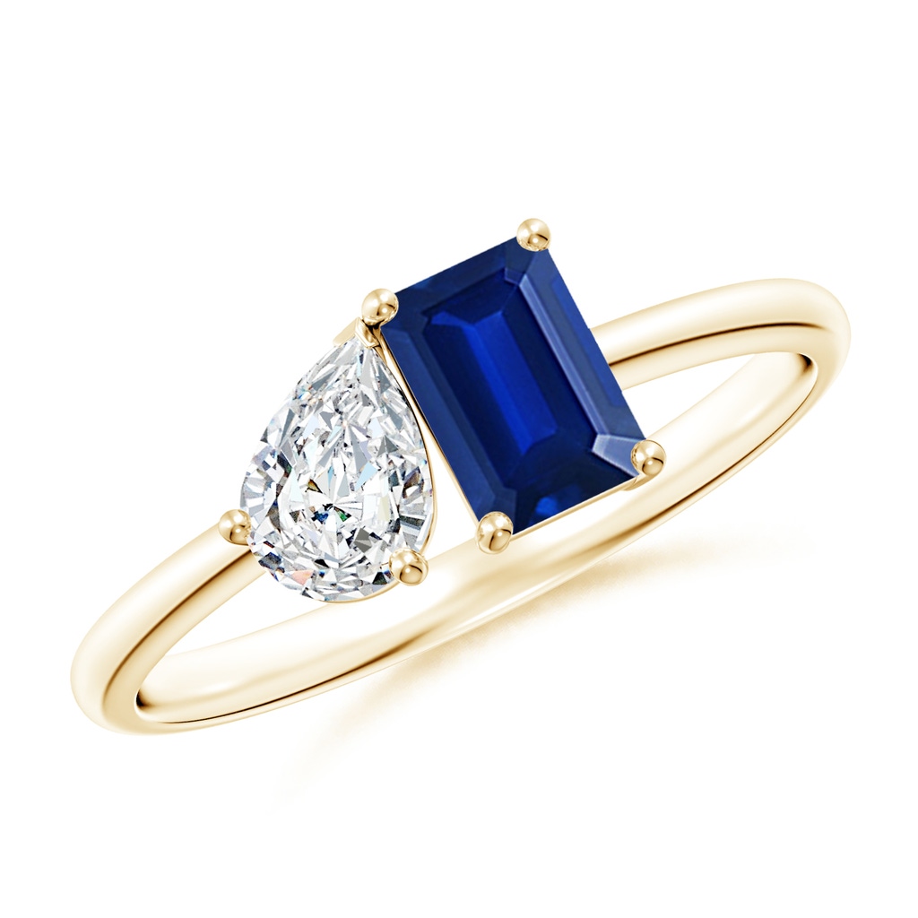 6x4mm AAAA Classic Two-Stone Emerald-Cut Blue Sapphire & Pear Diamond Ring in Yellow Gold