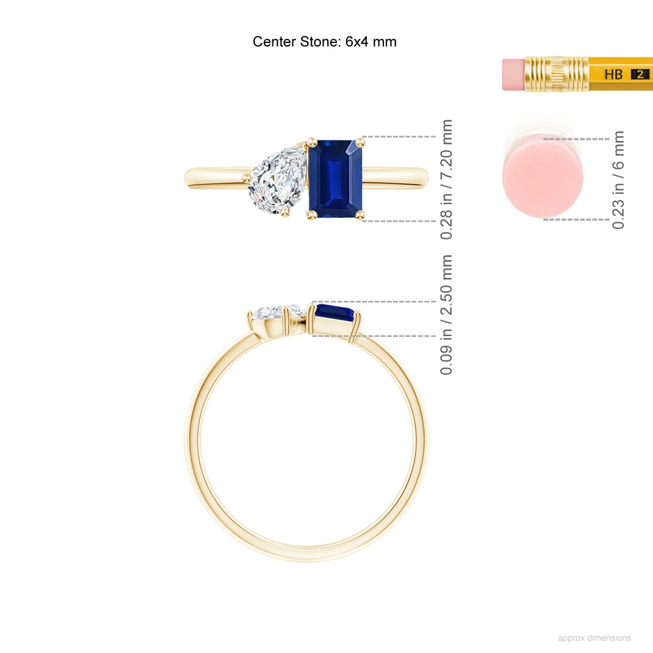 6x4mm Lab-Grown Classic Two-Stone Emerald-Cut Blue Sapphire & Pear Diamond Ring in Yellow Gold ruler