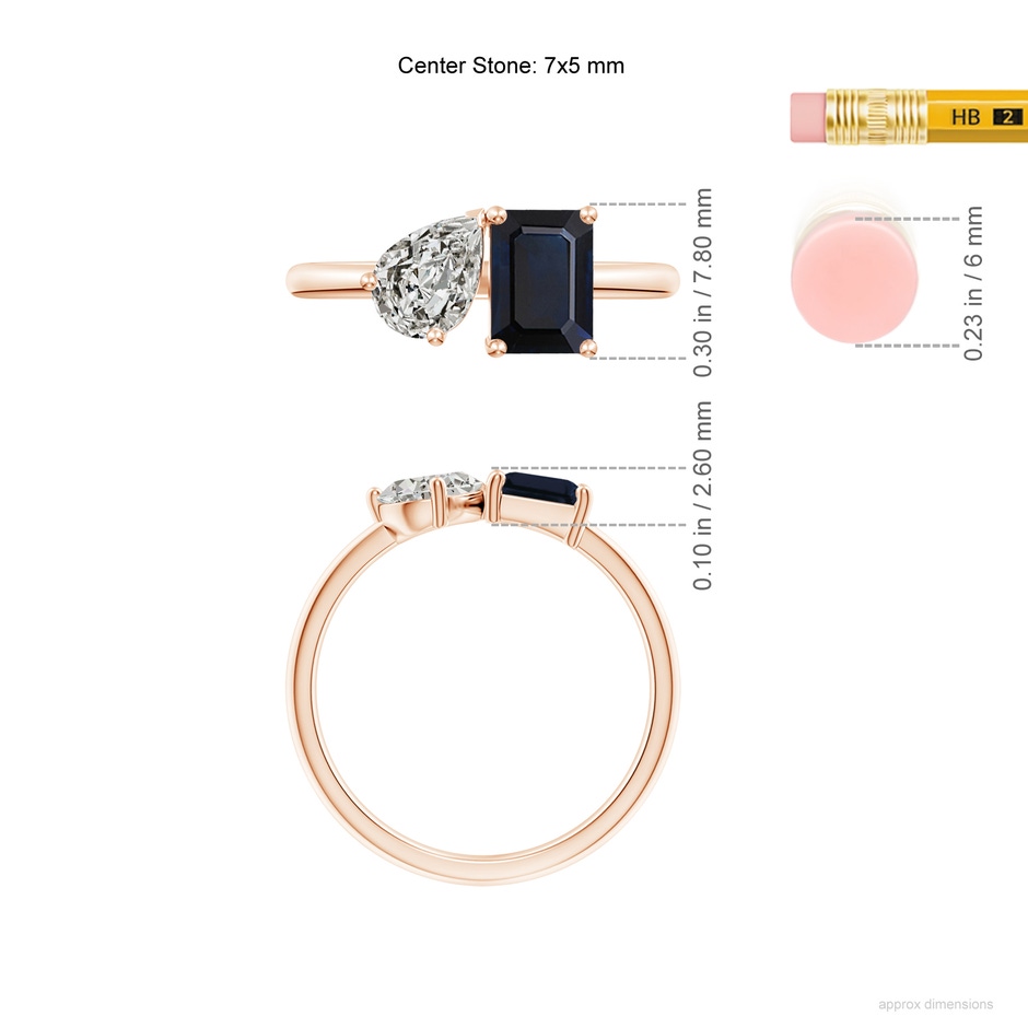 7x5mm A Classic Two-Stone Emerald-Cut Blue Sapphire & Pear Diamond Ring in Rose Gold ruler