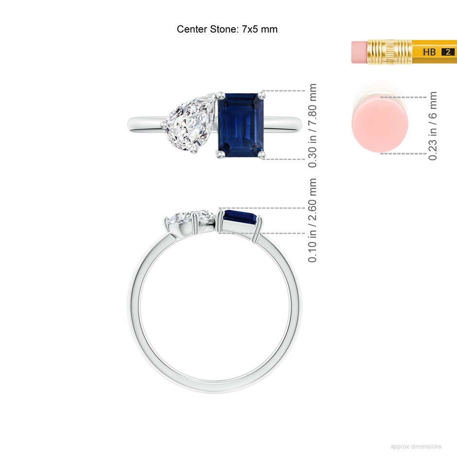 7x5mm AAA Classic Two-Stone Emerald-Cut Blue Sapphire & Pear Diamond Ring in P950 Platinum ruler