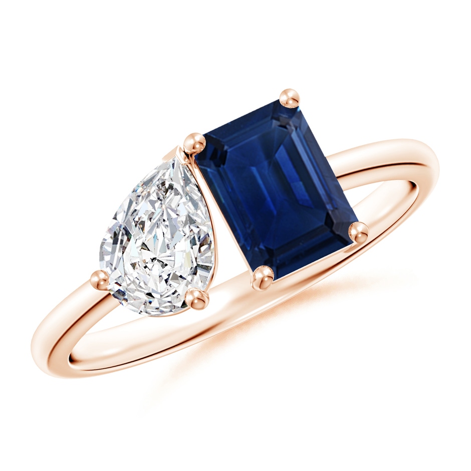 7x5mm AAA Classic Two-Stone Emerald-Cut Blue Sapphire & Pear Diamond Ring in Rose Gold 