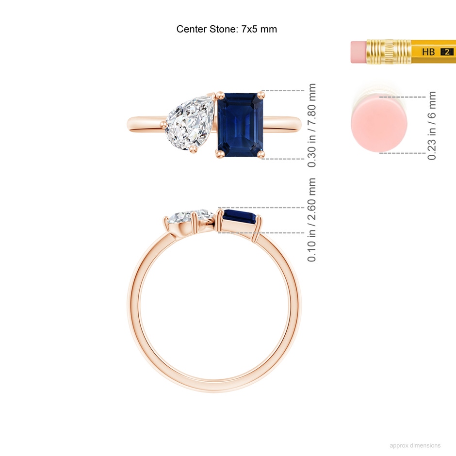 7x5mm AAA Classic Two-Stone Emerald-Cut Blue Sapphire & Pear Diamond Ring in Rose Gold ruler