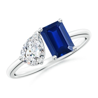 7x5mm AAAA Classic Two-Stone Emerald-Cut Blue Sapphire & Pear Diamond Ring in P950 Platinum