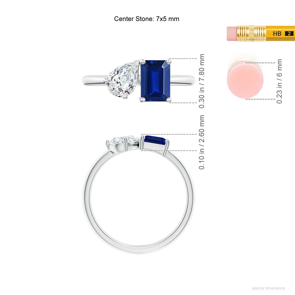 7x5mm AAAA Classic Two-Stone Emerald-Cut Blue Sapphire & Pear Diamond Ring in P950 Platinum ruler