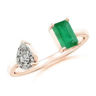 6x4mm A Two-Stone Emerald-Cut Emerald & Pear Diamond Open Ring in 9K Rose Gold