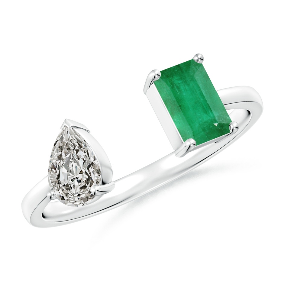 6x4mm A Two-Stone Emerald-Cut Emerald & Pear Diamond Open Ring in S999 Silver 
