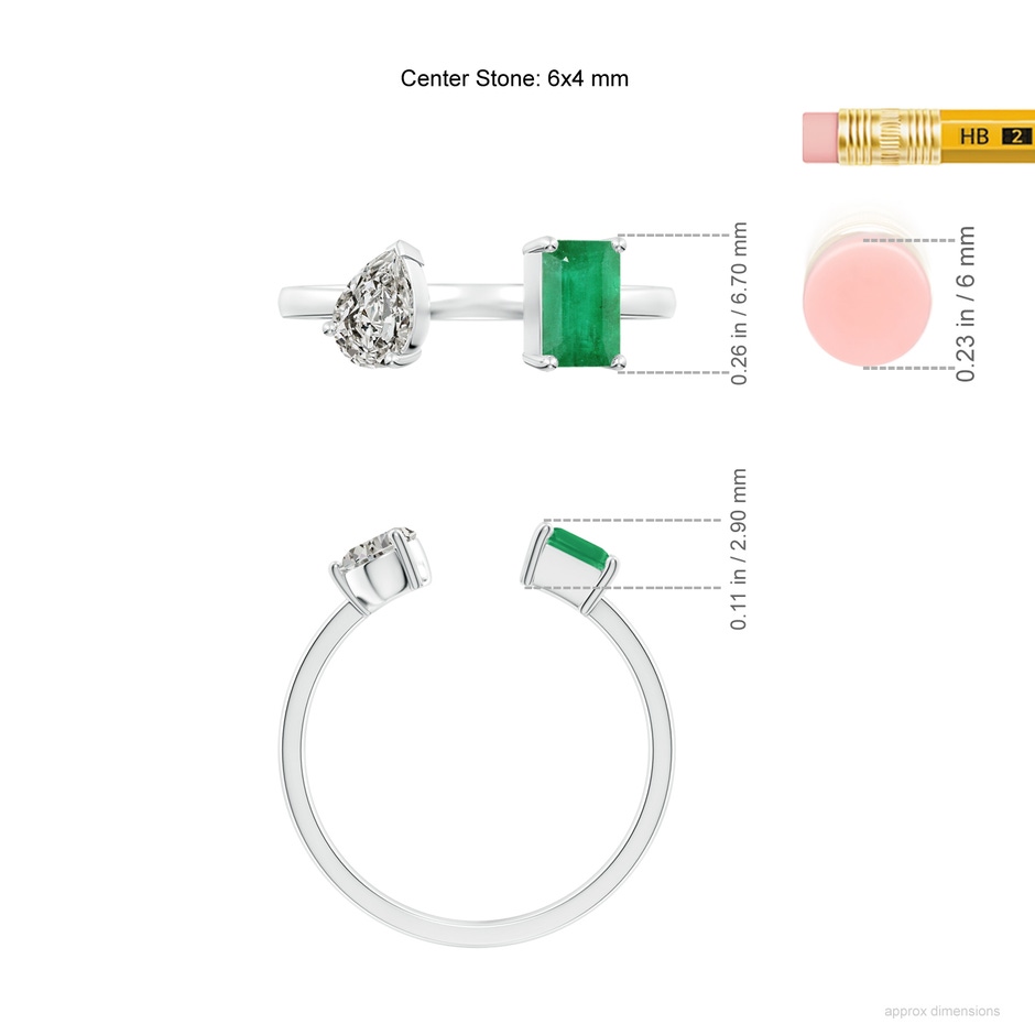 6x4mm A Two-Stone Emerald-Cut Emerald & Pear Diamond Open Ring in S999 Silver ruler